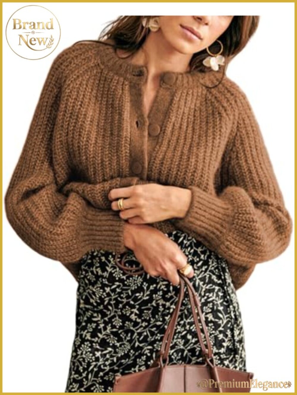Women's Knit Button Down Cardigan Sweater Long Sleeve Crewneck Loose Fit